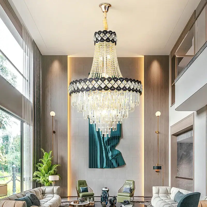 Luxury black & gold crystal chandelier spiral staircase living room