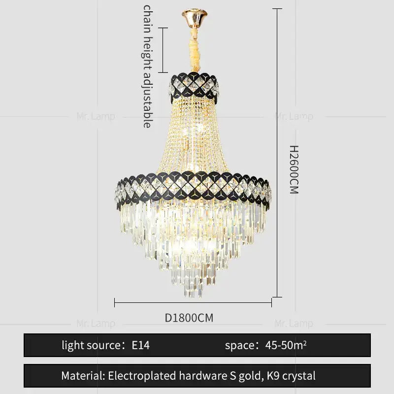Luxury black & gold crystal chandelier spiral staircase living room