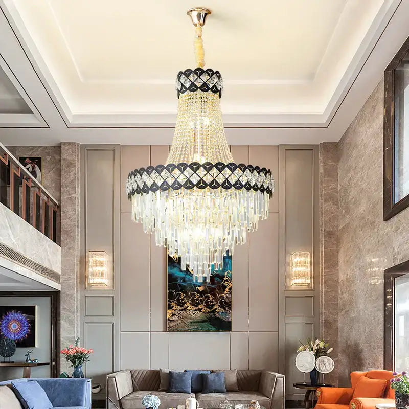 Luxury black & gold crystal chandelier spiral staircase living room