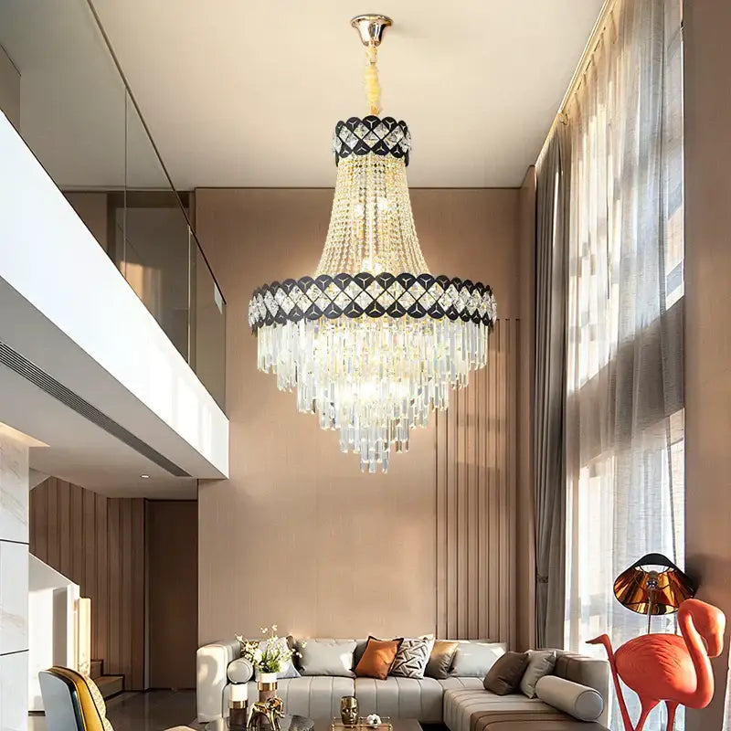 Luxury black & gold crystal chandelier spiral staircase living room