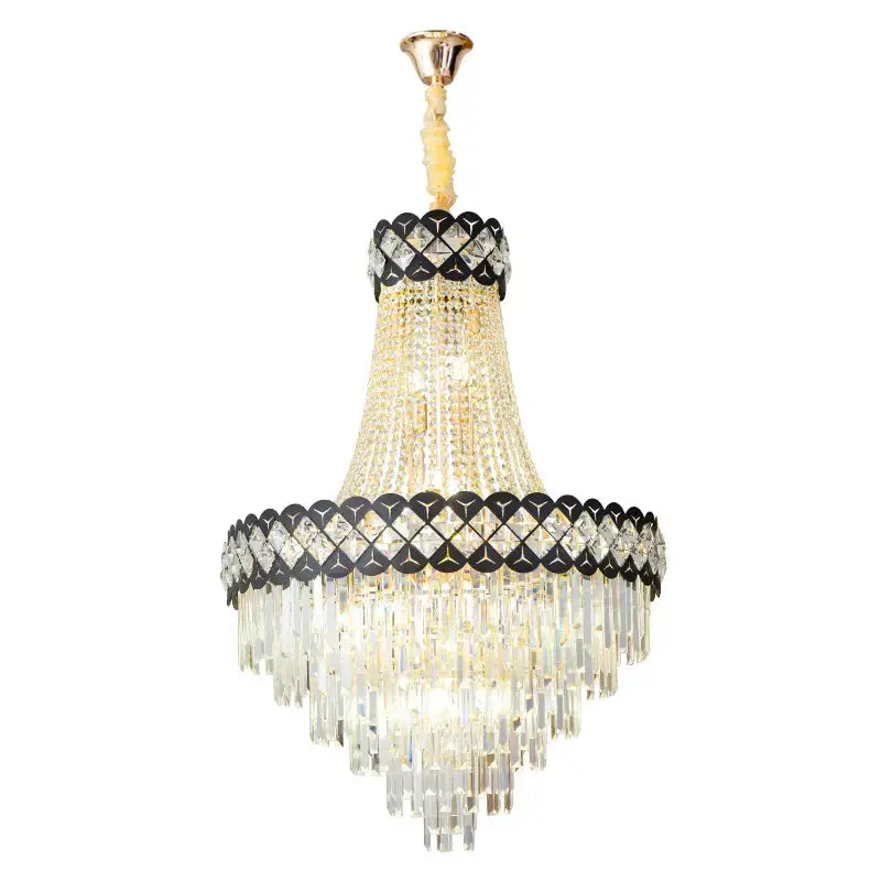 Luxury black & gold crystal chandelier spiral staircase living room