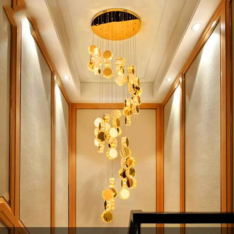 Golden crystal chandelier stair pendant lamp living room lighting
