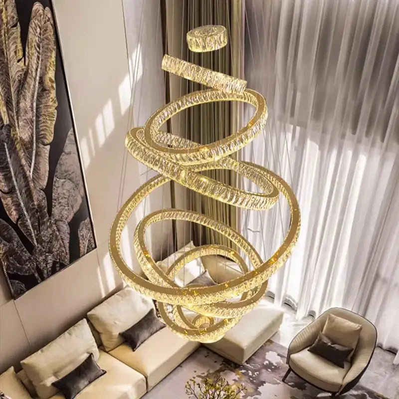 Modern golden spiral crystal chandelier living room pendant lamp