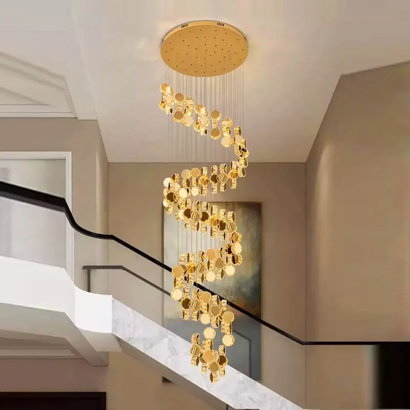 Golden crystal chandelier stair pendant lamp living room lighting