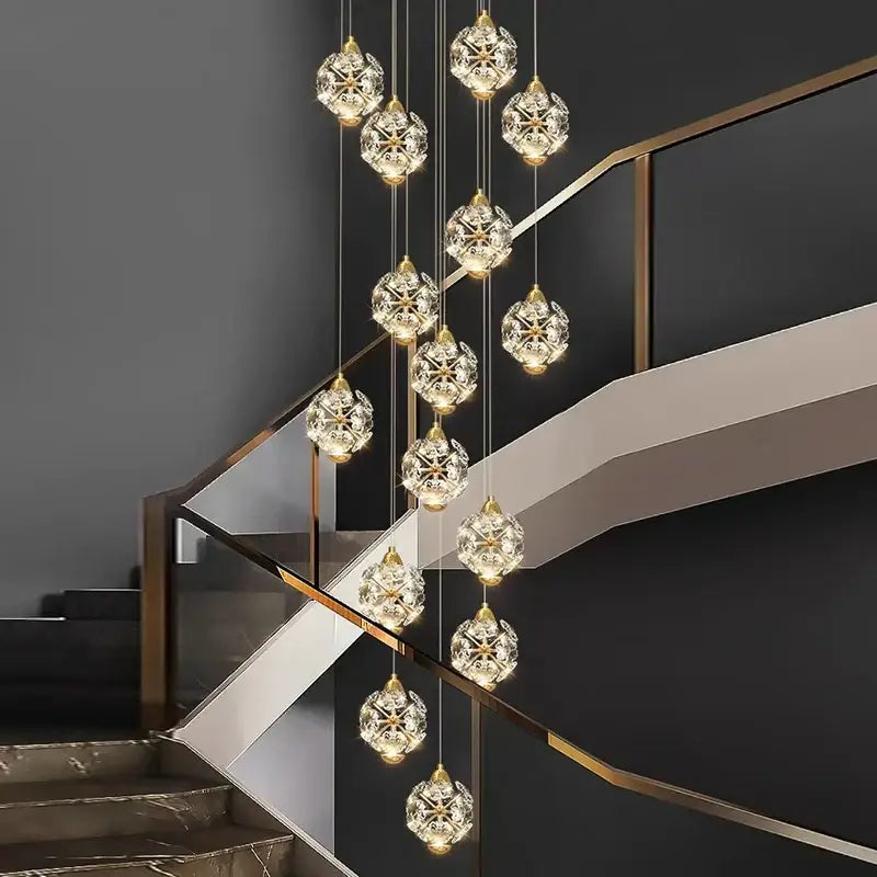 Modern gold crystal chandelier stair pendant lamp living room