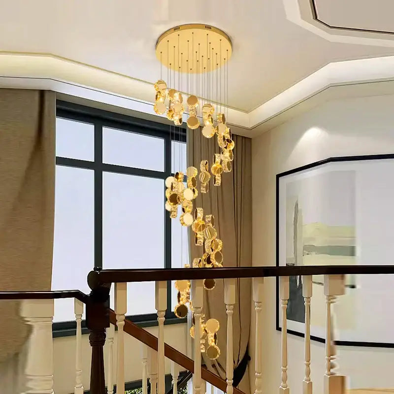 Golden crystal chandelier stair pendant lamp living room lighting