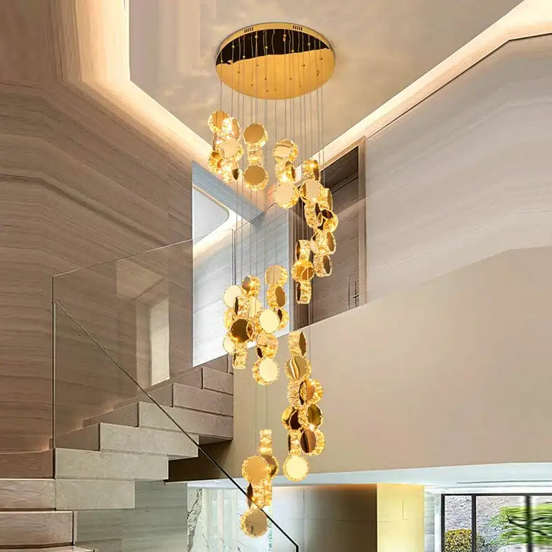 Golden crystal chandelier stair pendant lamp living room lighting