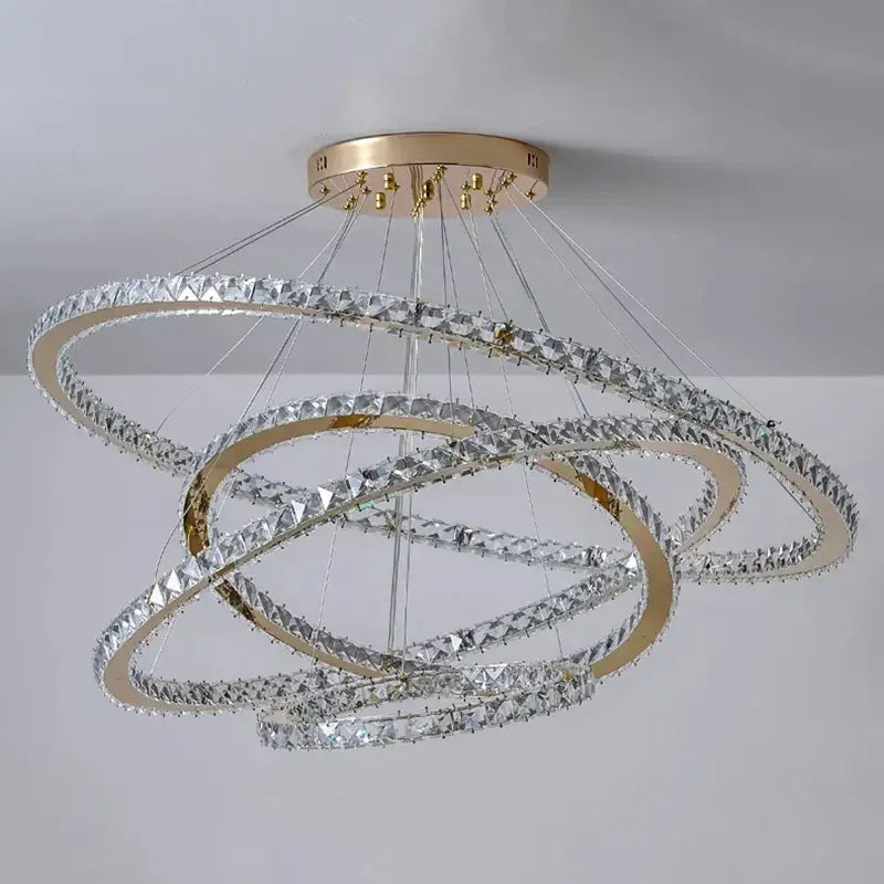 Golden interlocking ring crystal chandelier stair pendant living room