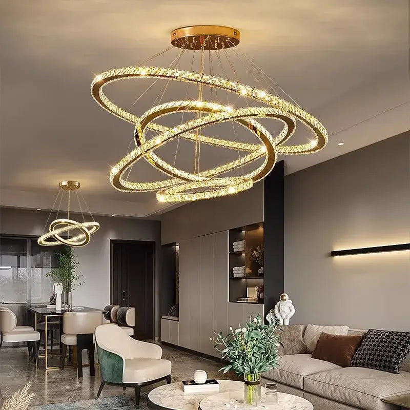 Golden interlocking ring crystal chandelier stair pendant living room