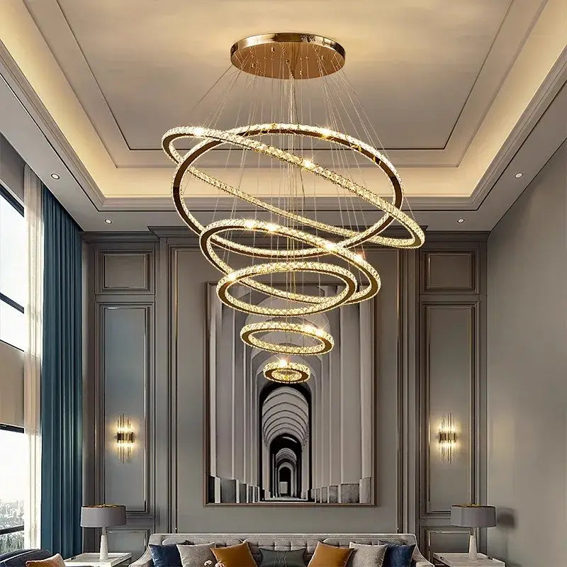 Golden interlocking ring crystal chandelier stair pendant living room