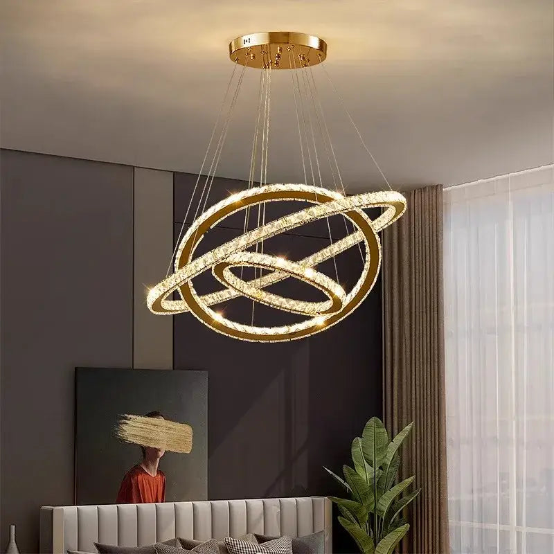 Golden interlocking ring crystal chandelier stair pendant living room