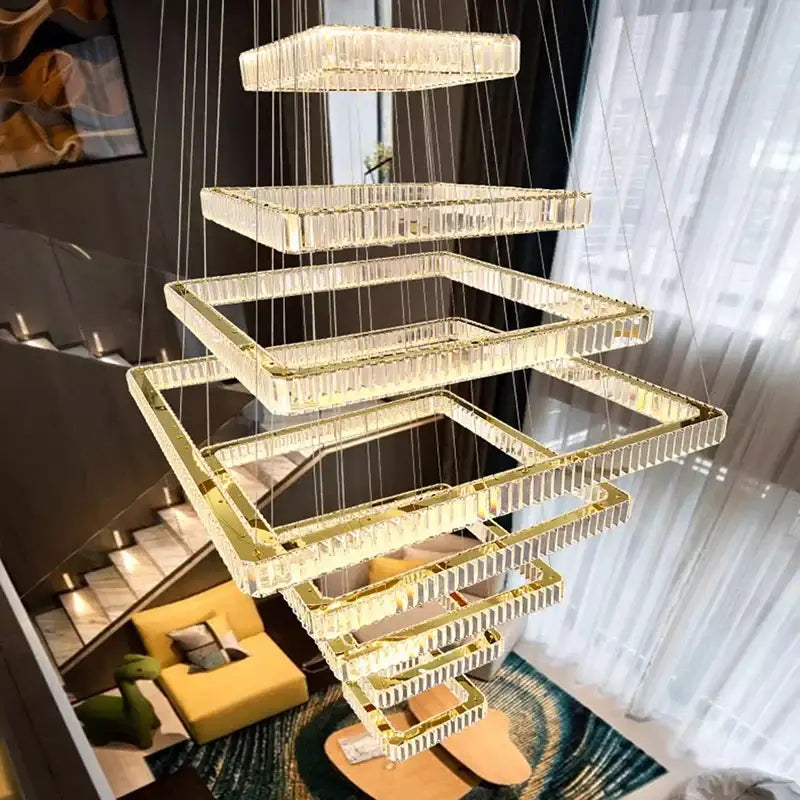 Modern multi tier gold crystal chandelier stair pendant light