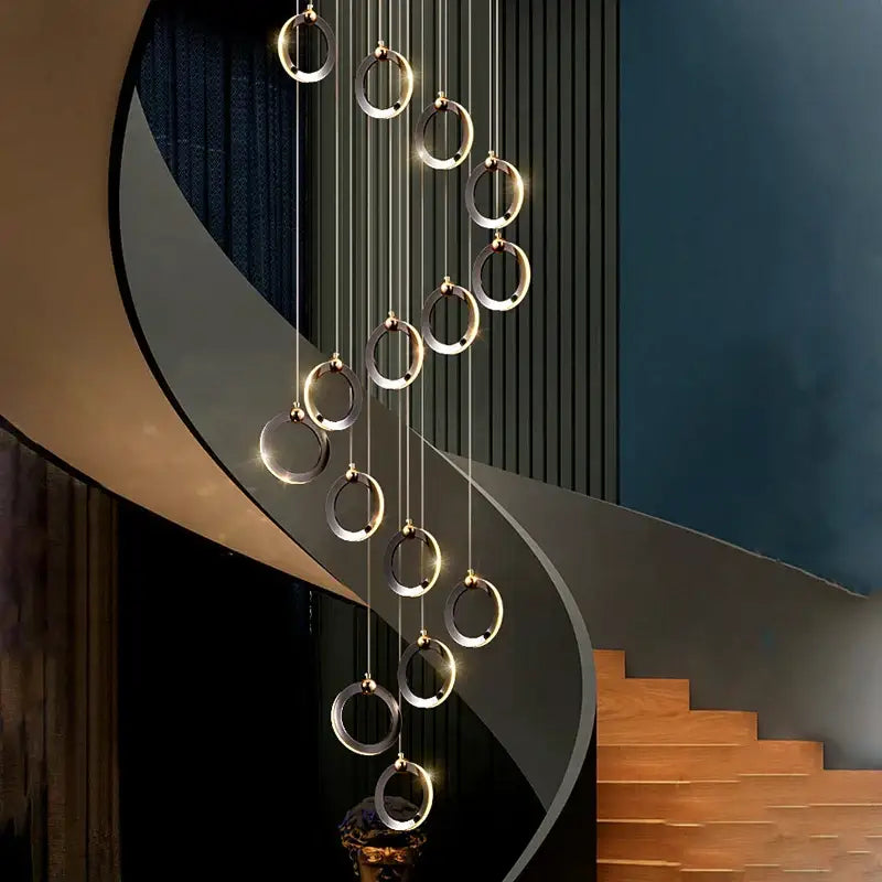 Modern metallic ring cascading crystal chandelier living room light
