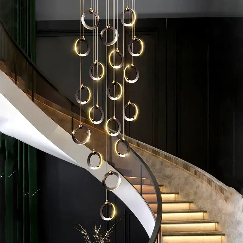 Modern metallic ring cascading crystal chandelier living room light