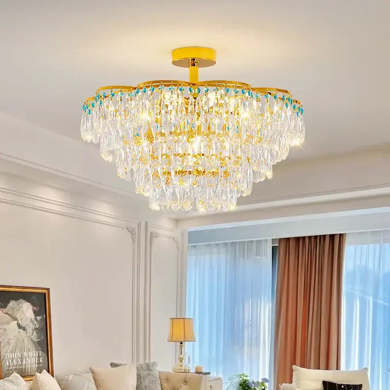 Post-modern gold and turquoise crystal light chandelier dining room