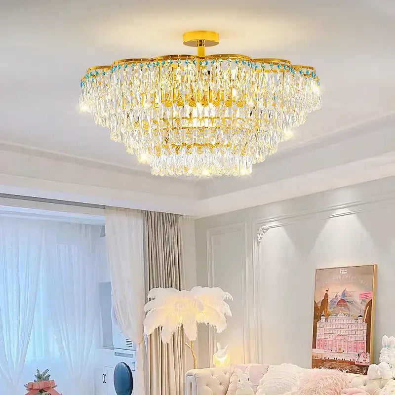 Post-modern gold and turquoise crystal light chandelier dining room