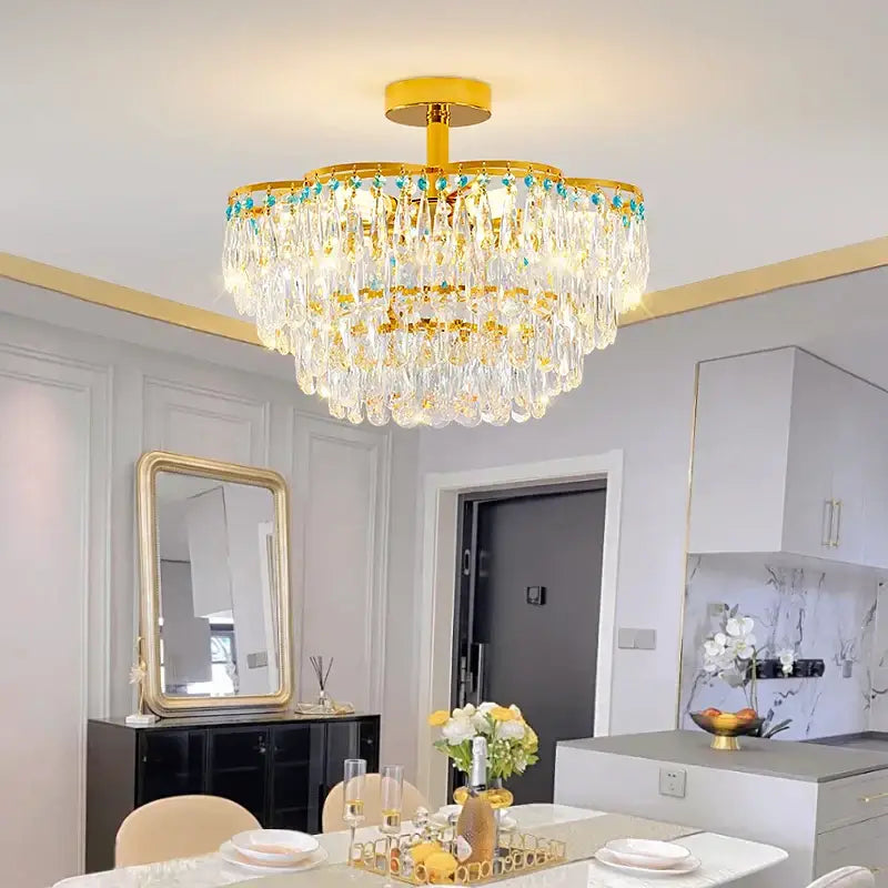Luxury gold and turquoise crystal light chandelier dining room