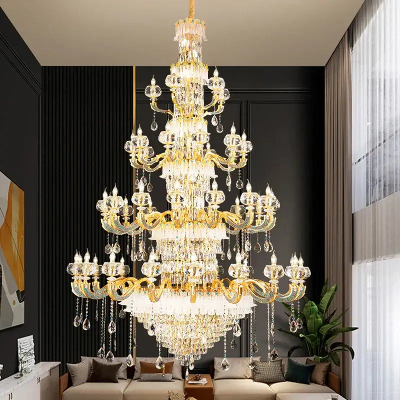 Grand multi tier gold crystal chandelier for living room