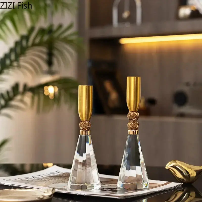Elegant gold and crystal lotus candle holder set dining room decor