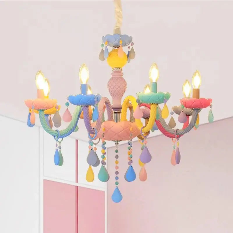 Pastel rainbow crystal luxury candle chandelier dining room pendant