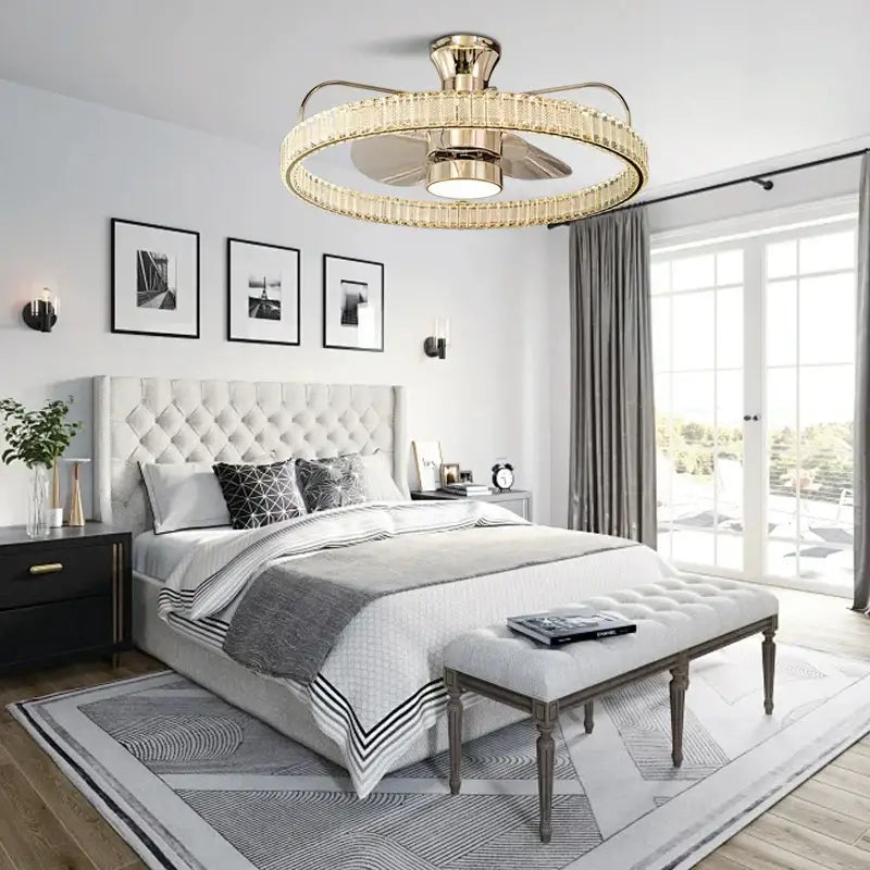 Luxury gold crystal ceiling fan living room light with remote