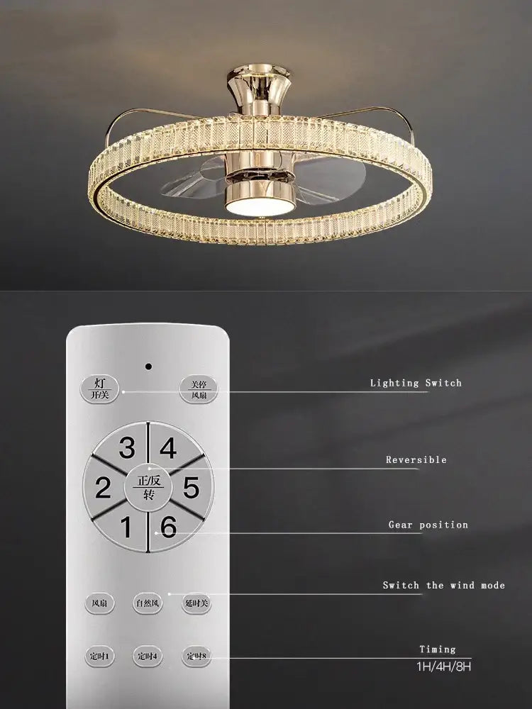 Luxury gold crystal ceiling fan living room light with remote