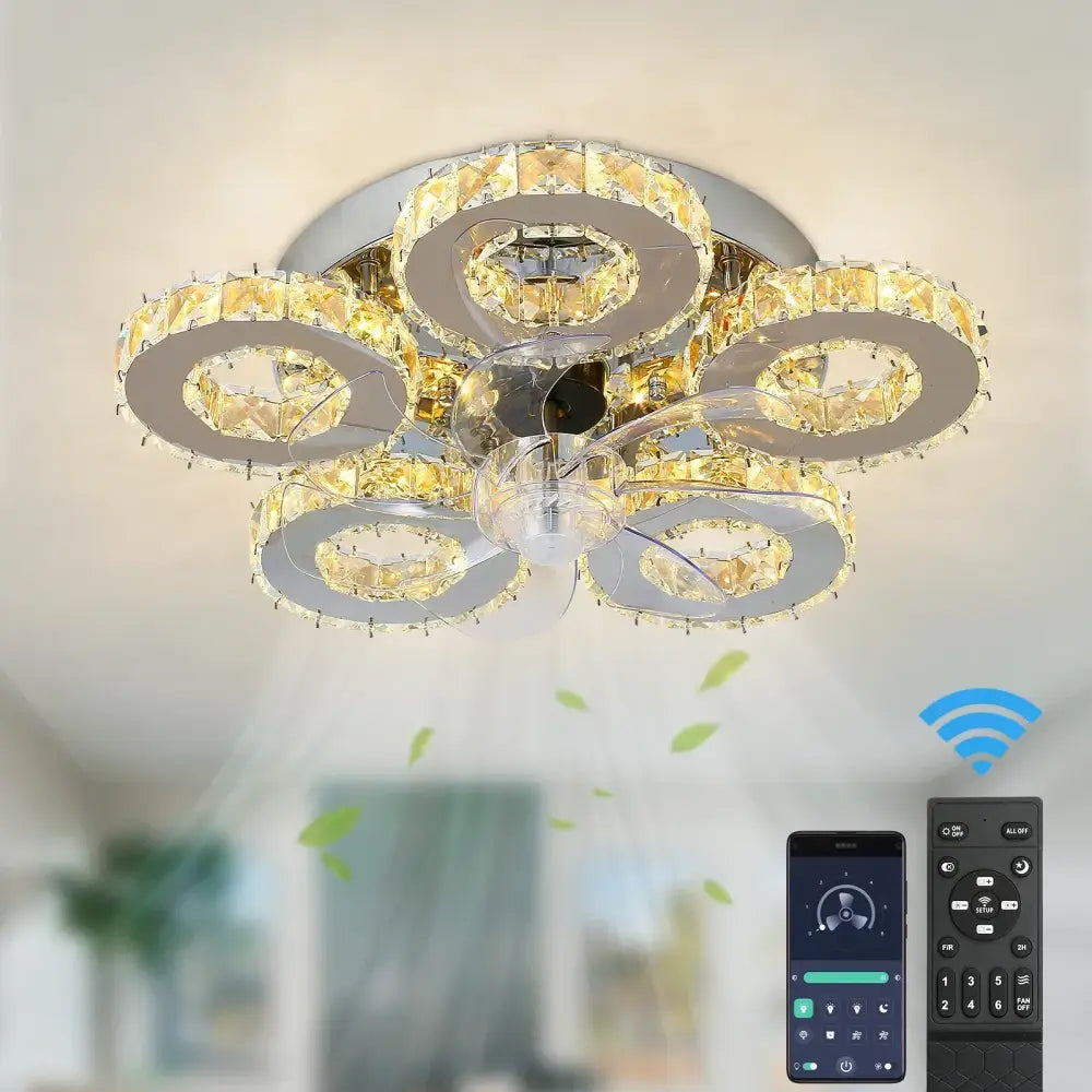 Modern crystal luxury ceiling fan gold & chrome living room led chandelier