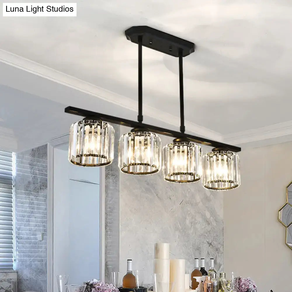Simple black metal chandelier with three crystal shades dining room
