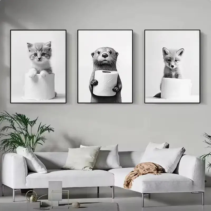 Cute animals canvas framed black & white bathroom wall art set
