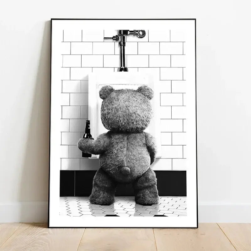 Cute bear bathroom canvas print black and white framed art