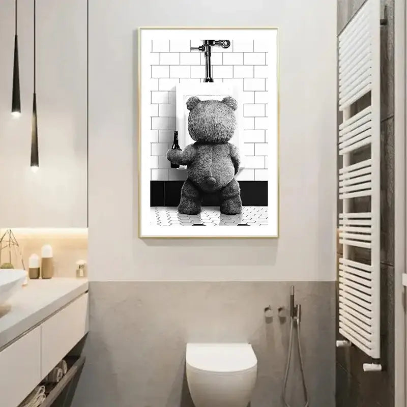 Cute bear bathroom canvas print black and white framed art