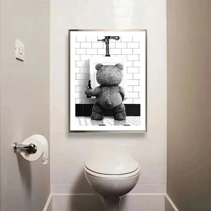 Cute bear bathroom canvas print black and white framed art