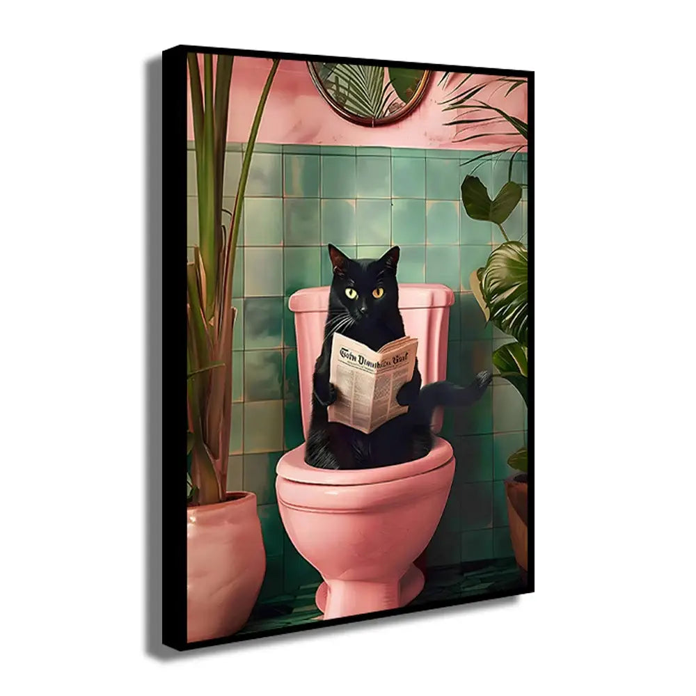 Black cat on pink toilet bathroom canvas wall art
