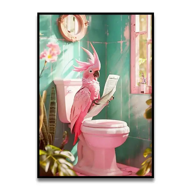 Black cat on pink toilet bathroom canvas wall art