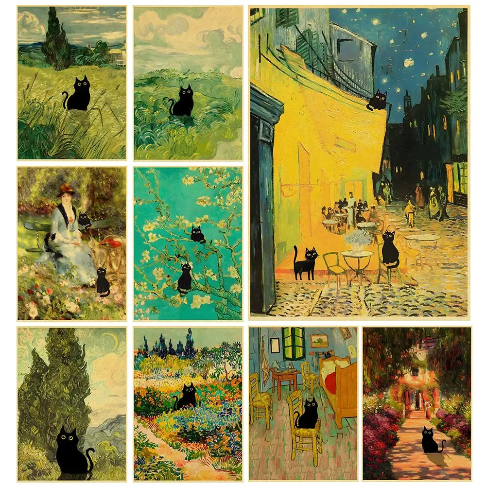 Vintage van gogh style black cute digital cats kraft paper bedroom art