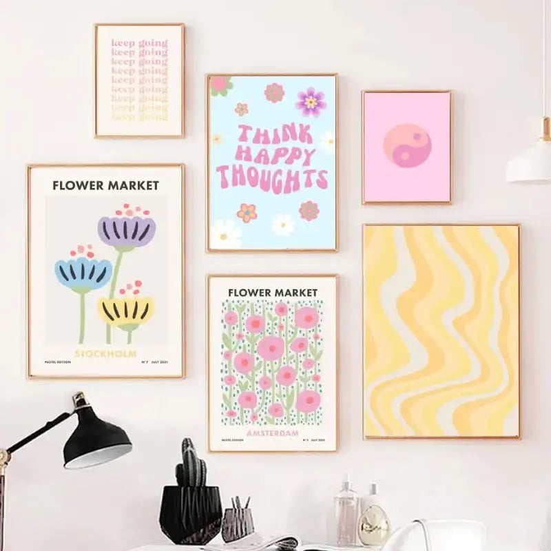Danish pastel pink & yellow peace sign flower canvas bedroom wall art
