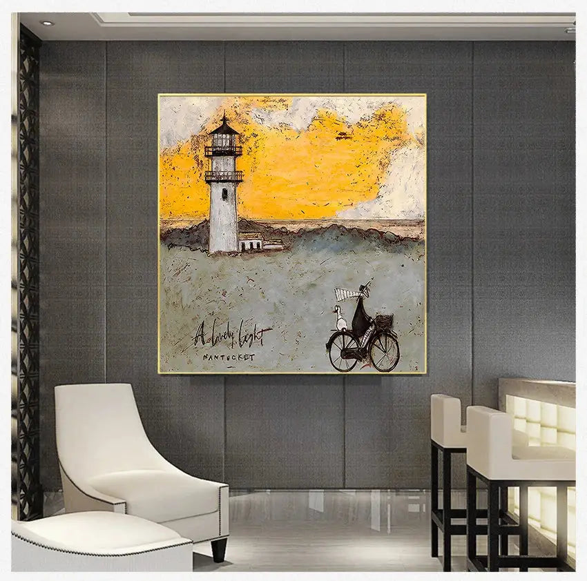 Whimsical cyclists canvas wall art – living room nordic painting