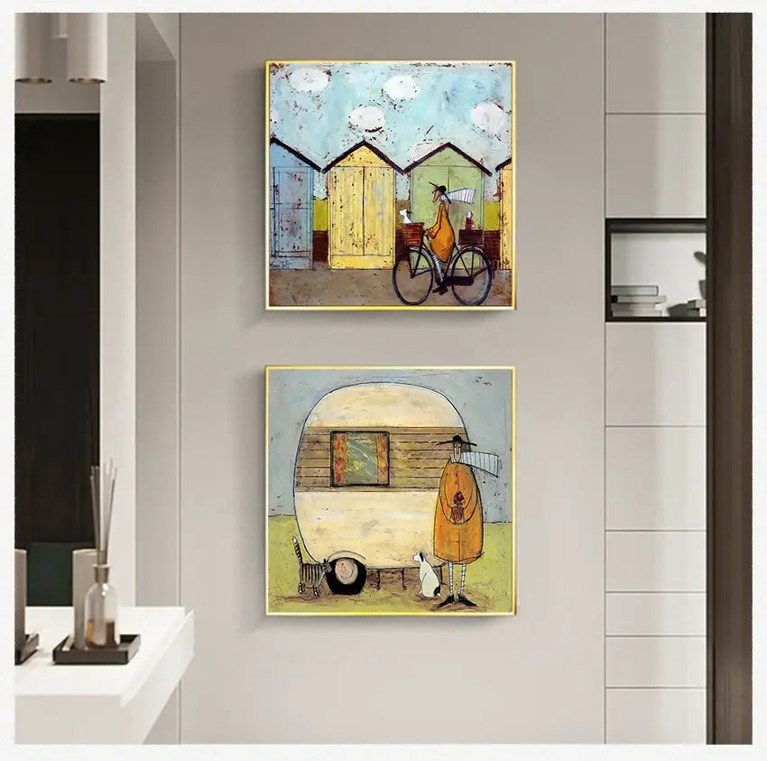 Whimsical cyclists canvas wall art – living room nordic painting
