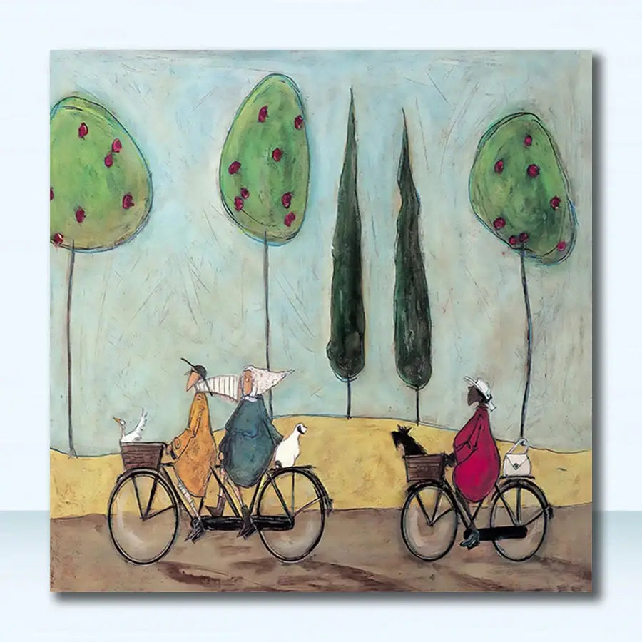 Whimsical cyclists canvas wall art – living room nordic painting