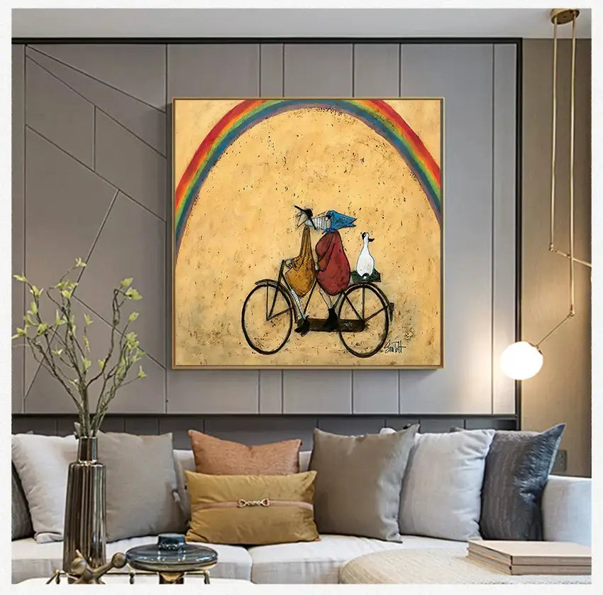 Whimsical cyclists canvas wall art – living room nordic painting