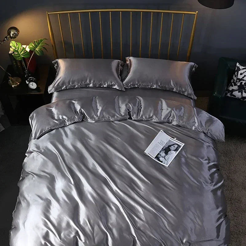 Elegant chocolate brown satin duvet cover bed sheet set bedroom