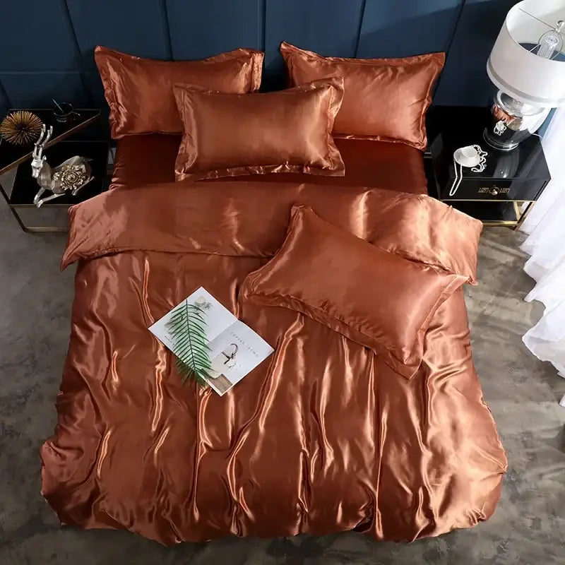 Elegant chocolate brown satin duvet cover bed sheet set bedroom