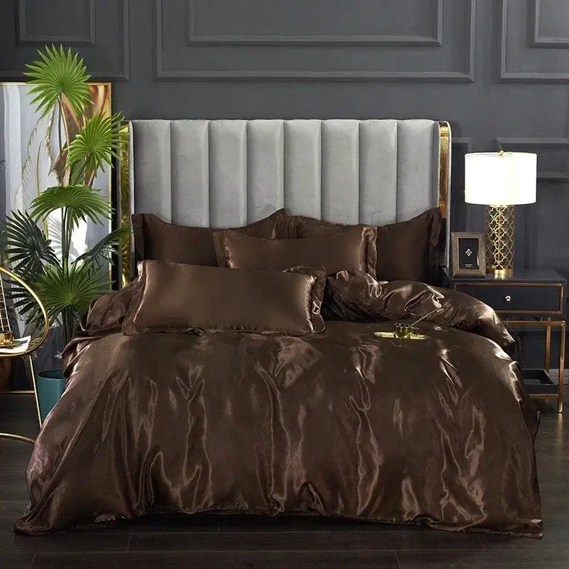 Elegant bronze satin duvet cover and bed sheet set bedroom luxury