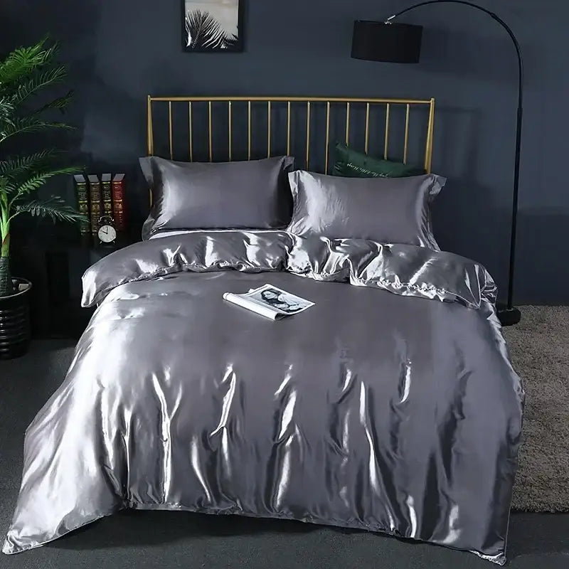 Elegant chocolate brown satin duvet cover bed sheet set bedroom