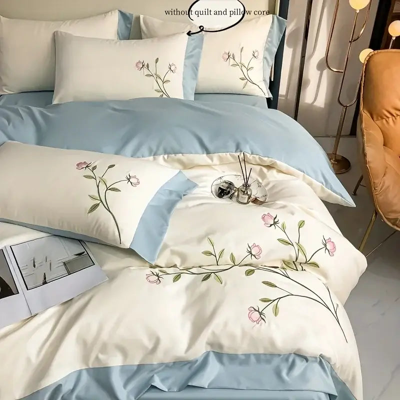 Elegant pink rose embroidery cream duvet cover set bedroom