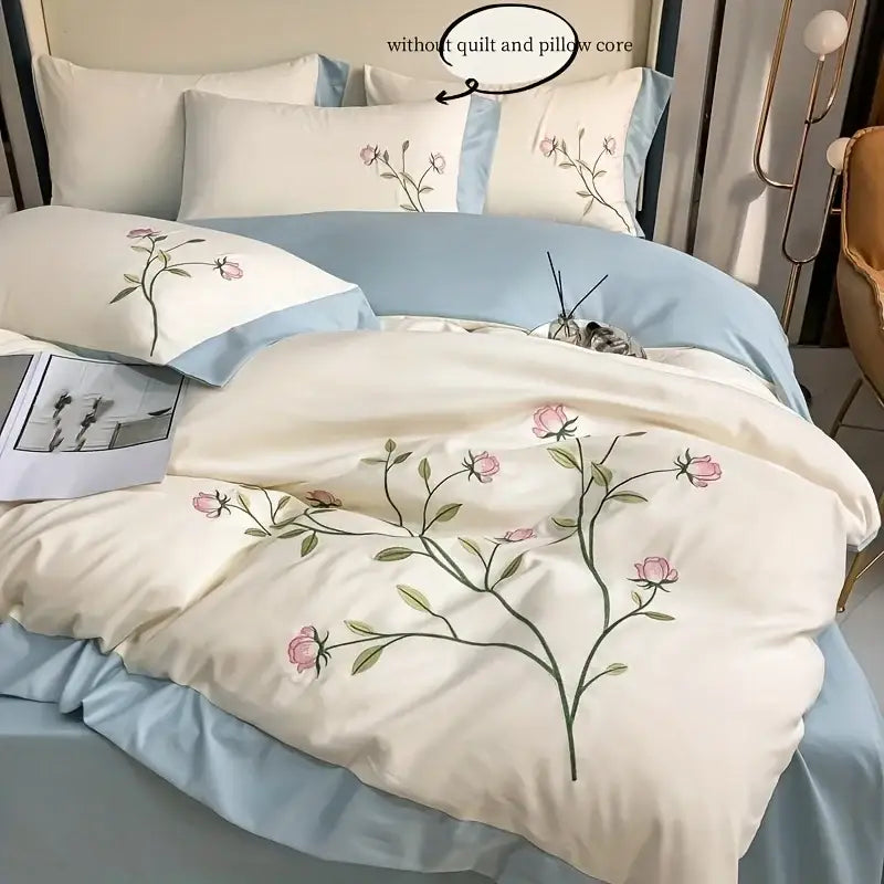 Elegant pink rose embroidery cream duvet cover set bedroom