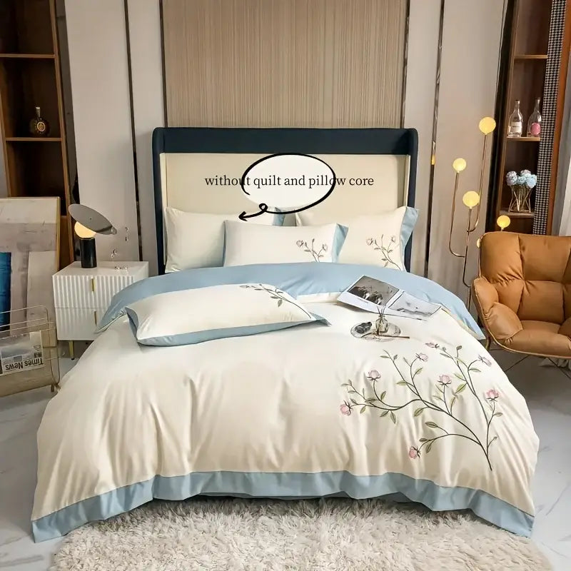 Elegant pink rose embroidery cream duvet cover set bedroom