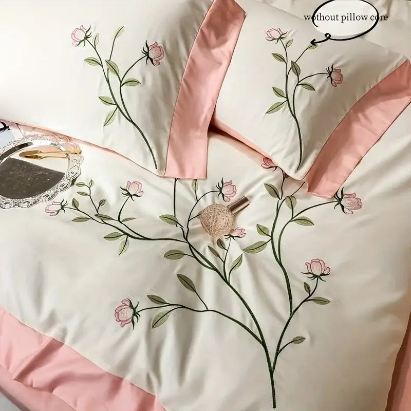Elegant pink rose embroidery cream duvet cover set bedroom