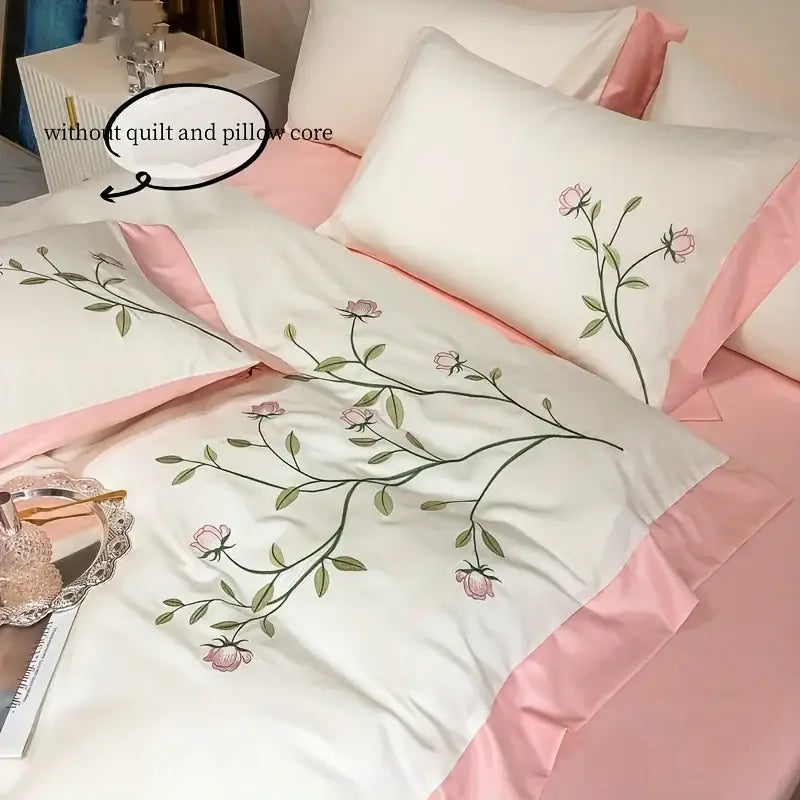 Elegant pink rose embroidery cream duvet cover set bedroom