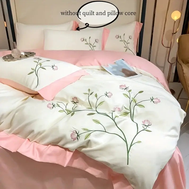 Elegant pink rose embroidery cream duvet cover set bedroom